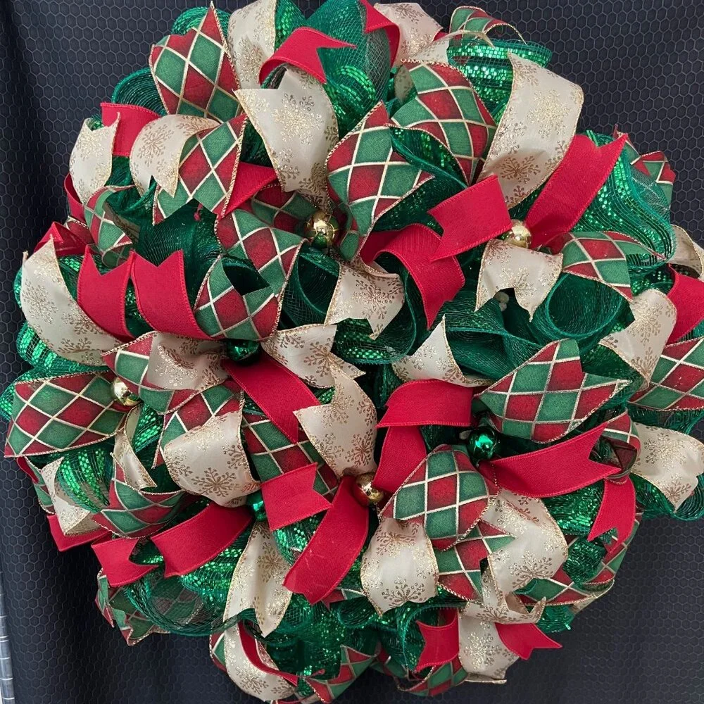 Christmas Wreath Gold, Red, and Green Made of Deco Mesh